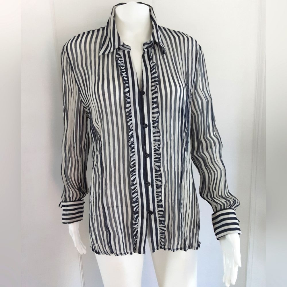 Apt. 9 Navy Blue|White Striped Semi-Sheer Ruffle Crinkle Button-down Shirt Sz L